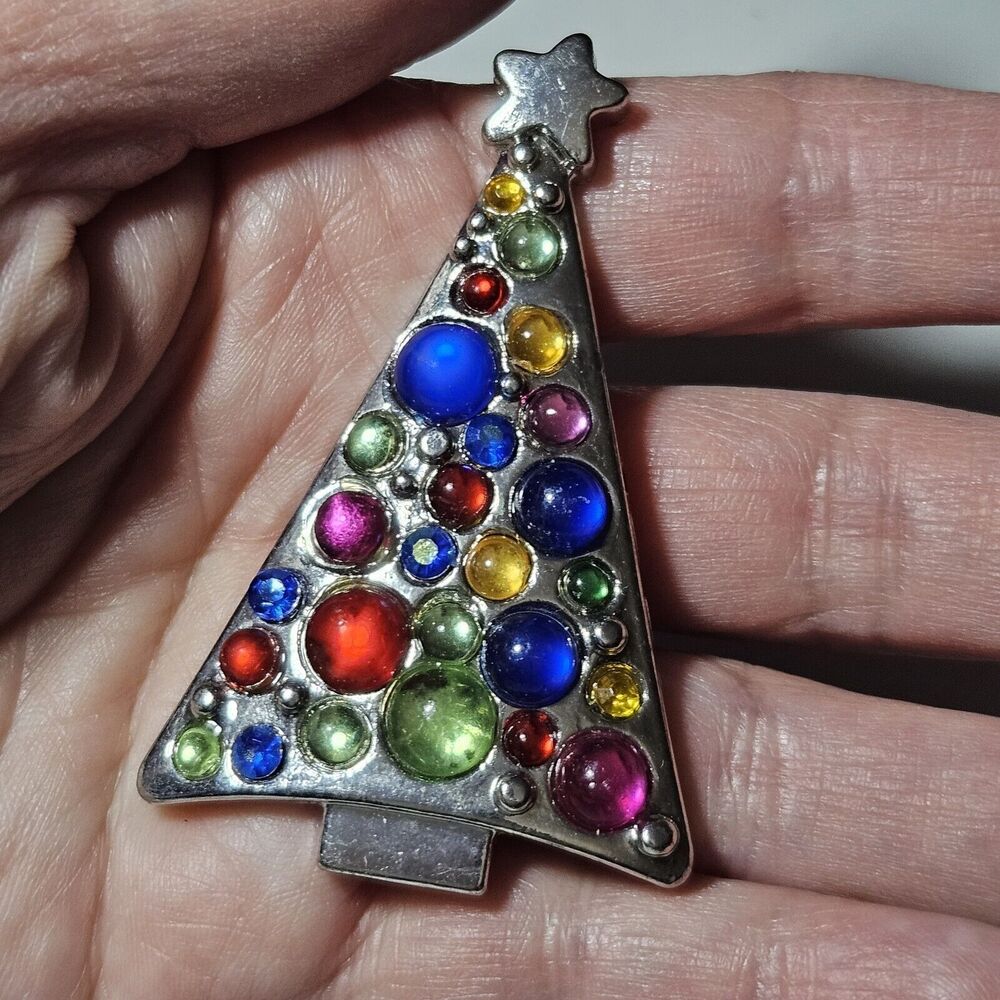 VTG Multi Color Glass Rhinestone Ornaments Christmas Tree Silver Tone Brooch - Picture 2 of 9
